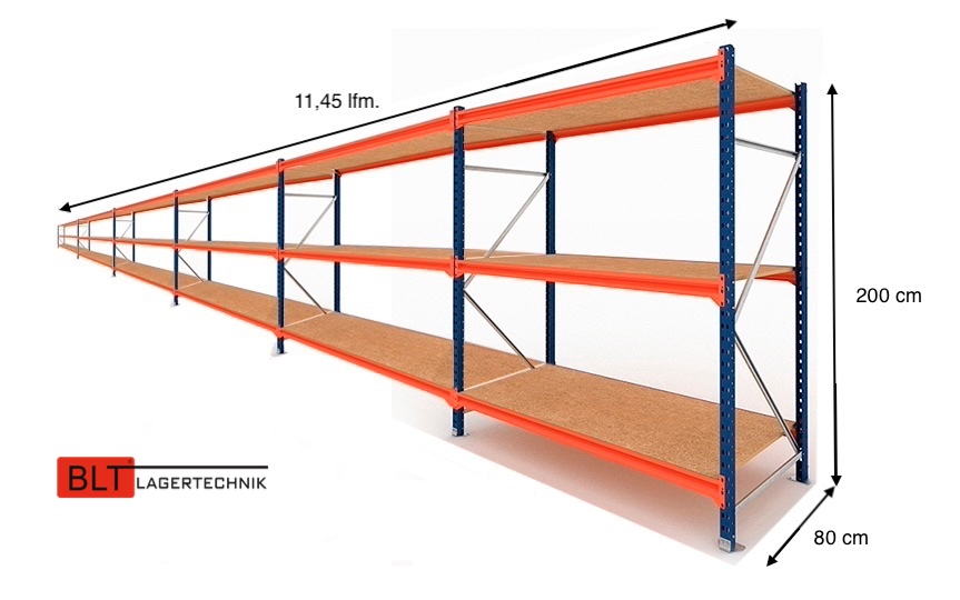 11,45 lfm Weitspannregale 80cm tief , 3 Ebenen, Werkstattregale , Lagerregale , Großfachregale , Handlager , Fachbodenregale